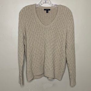 LANDS’ END Sweater Tan Silver Sparkle Cable Knit Deep Scoop Neck LP (14-16)
